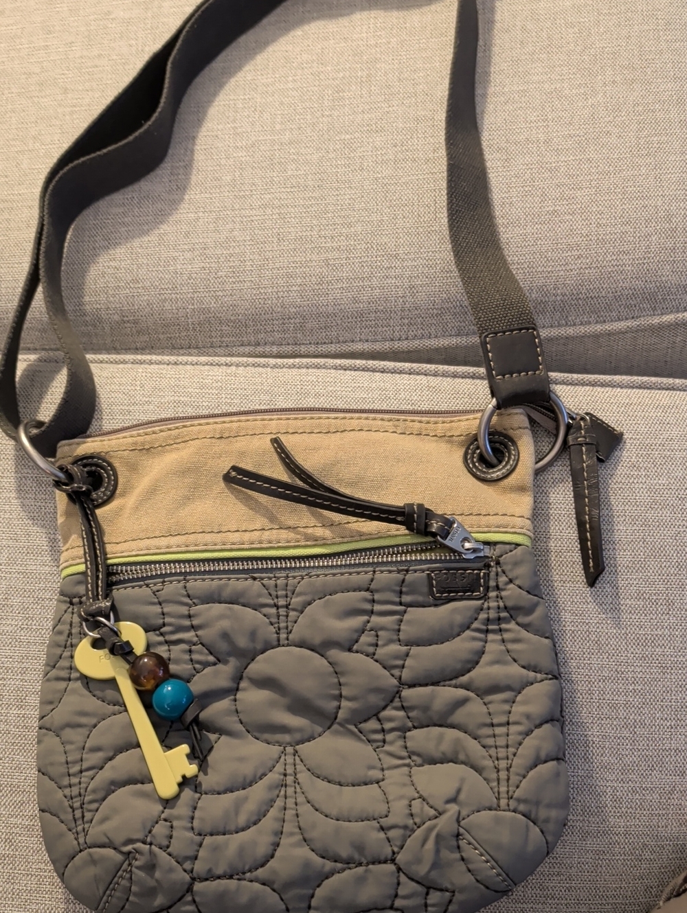 Fossil Quilted Crossbody Bag in Gray and Tan